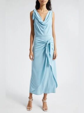 NEW Cinq à Sept Odin Drape Detail Midi Dress Agua Fria Solid Cowl Neck Size 10